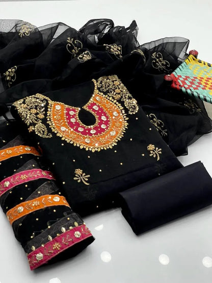 3 PC Organza Applic Gota Shirt, Katan Silk Trouser with Dupatta - fashionforcepk