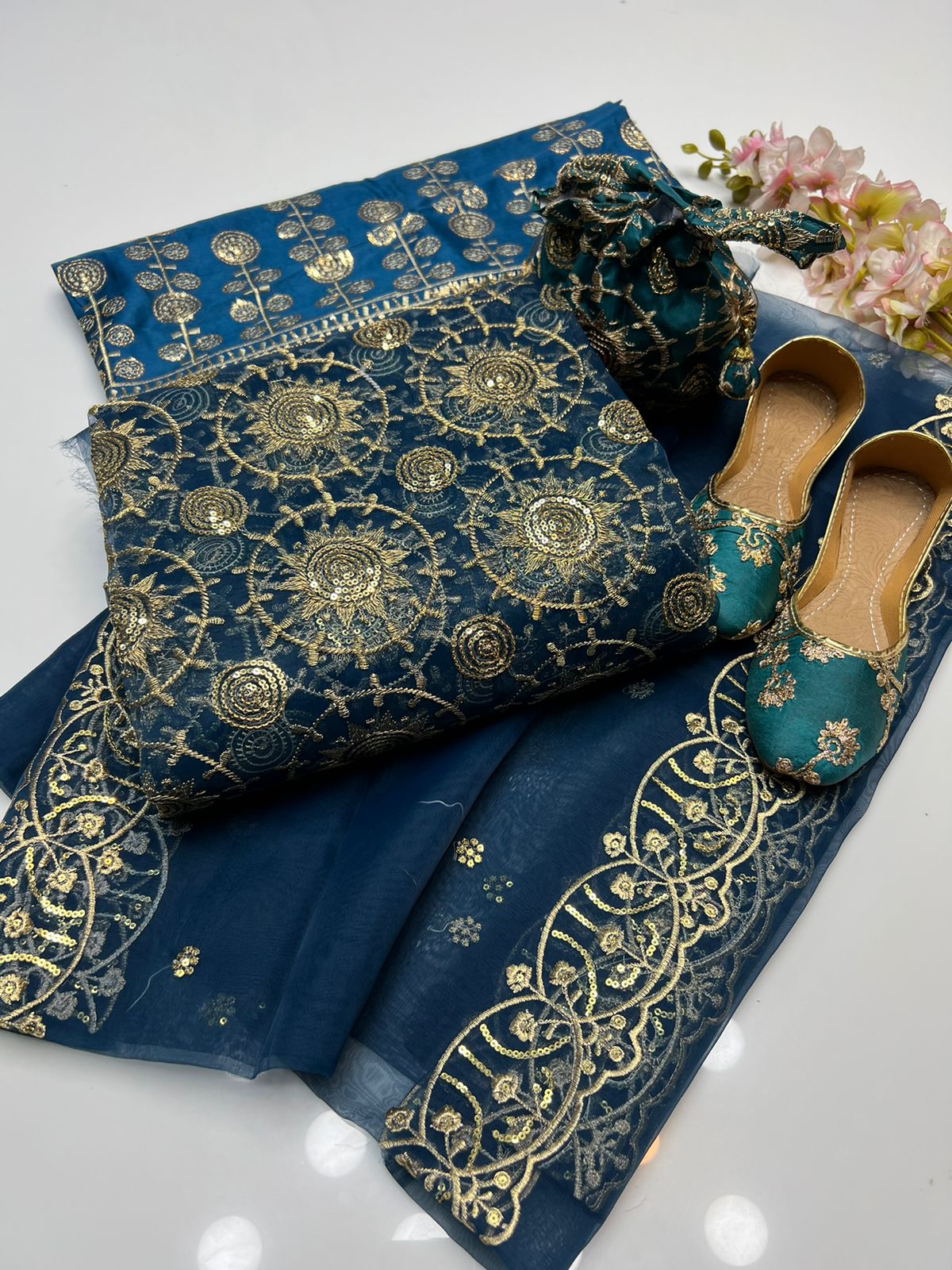 4 PC Wedding Suit Organza Shirt, Kattan Silk Trousers, Embroidered Dupatta, and Matching Khussa - fashionforcepk