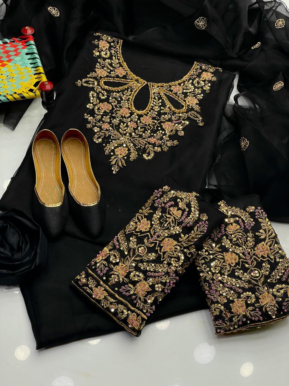 4 PC Eid Dress Indian Organza Nagina Work Suit 1