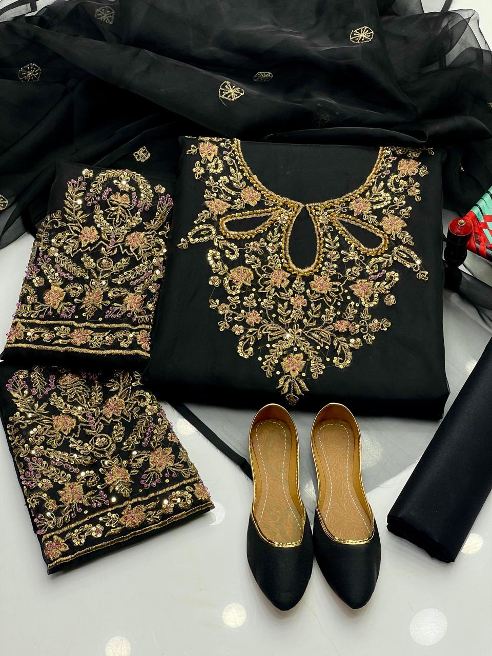4 PC Eid Dress Indian Organza Nagina Work Suit 1