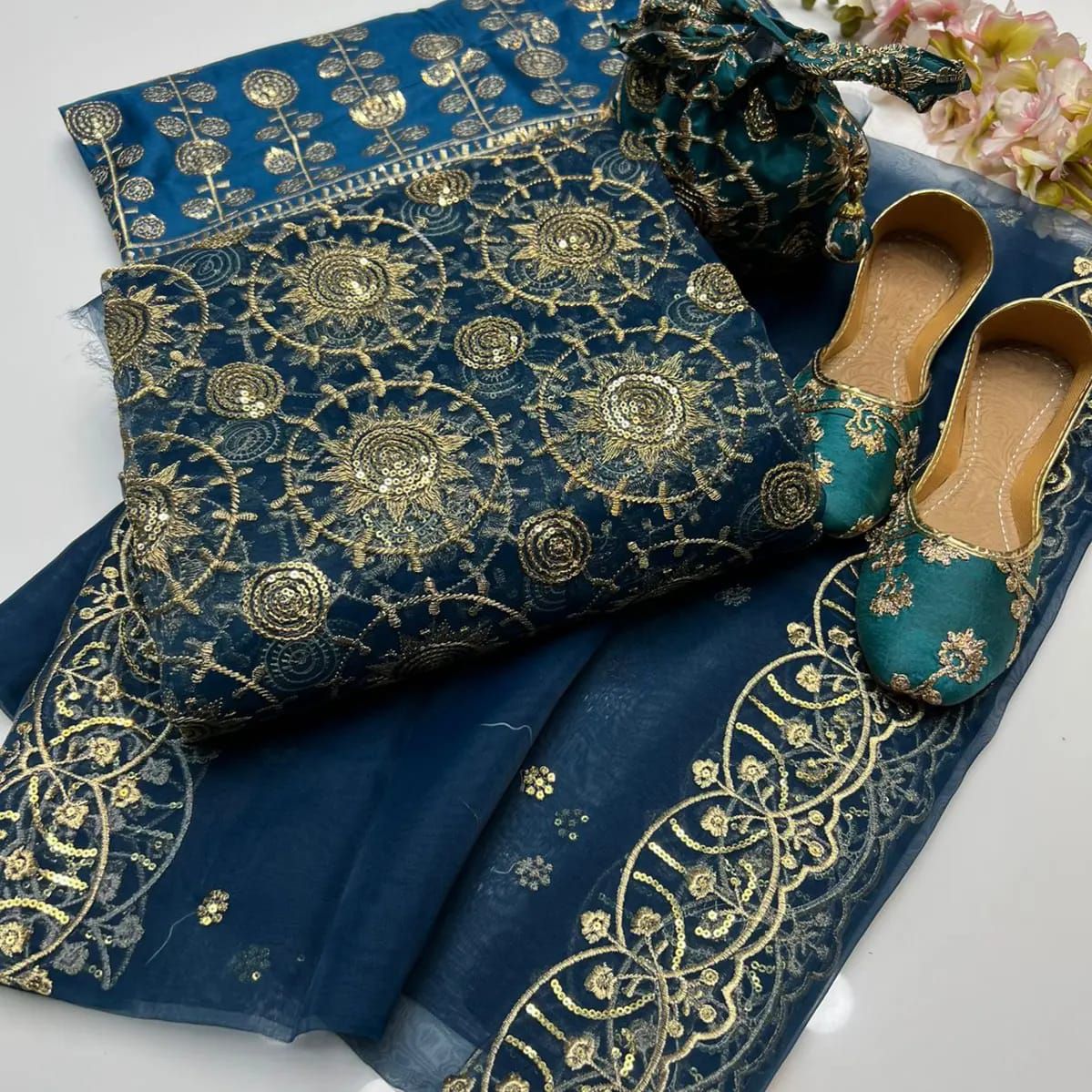4 PC Wedding dress Organza Front Jaal Shirt, Kattan Slik Trouser With Organza Embroidery Dupatta & Matching Khussa - fashionforcepk