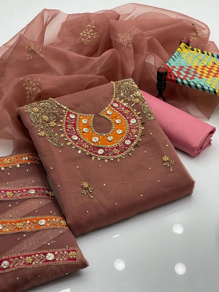 3 PC Organza Applic Gota Shirt, Katan Silk Trouser with Dupatta - fashionforcepk