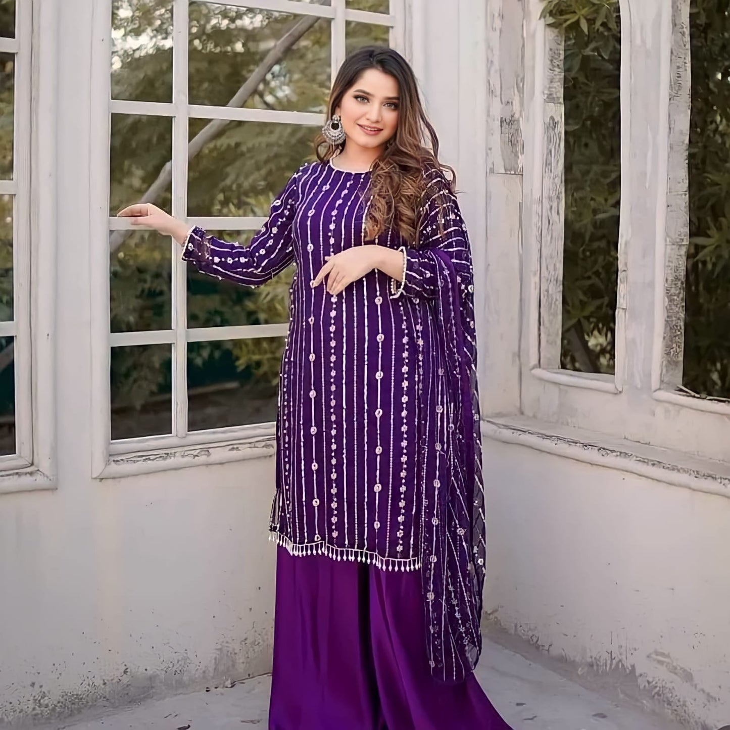 Fancy Chiffon Unstitched Dress for Women with Silk Trouser - fashionforcepk