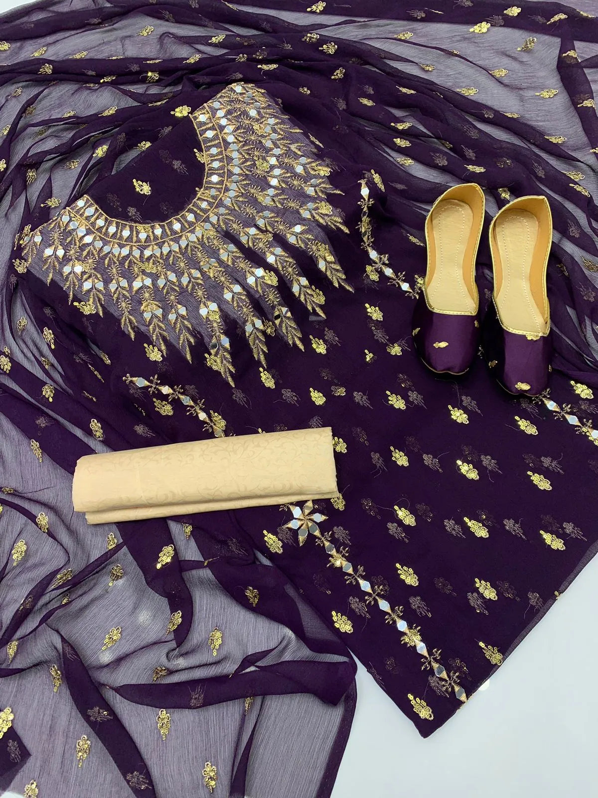 3 PC Chiffon Dress with Mirror Work, Embroidered Dupatta With Khussa