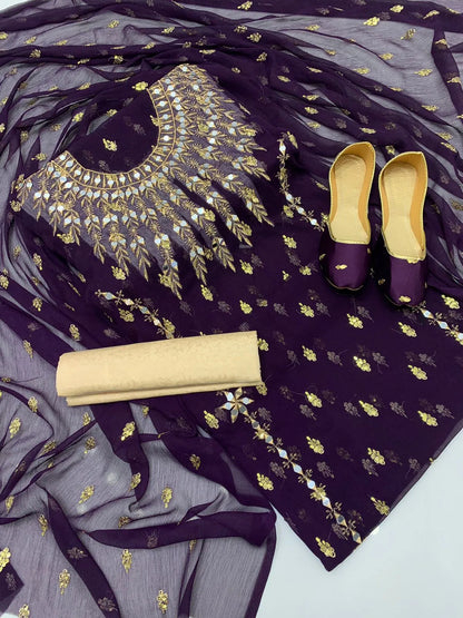 3 PC Chiffon Dress with Mirror Work, Embroidered Dupatta With Khussa