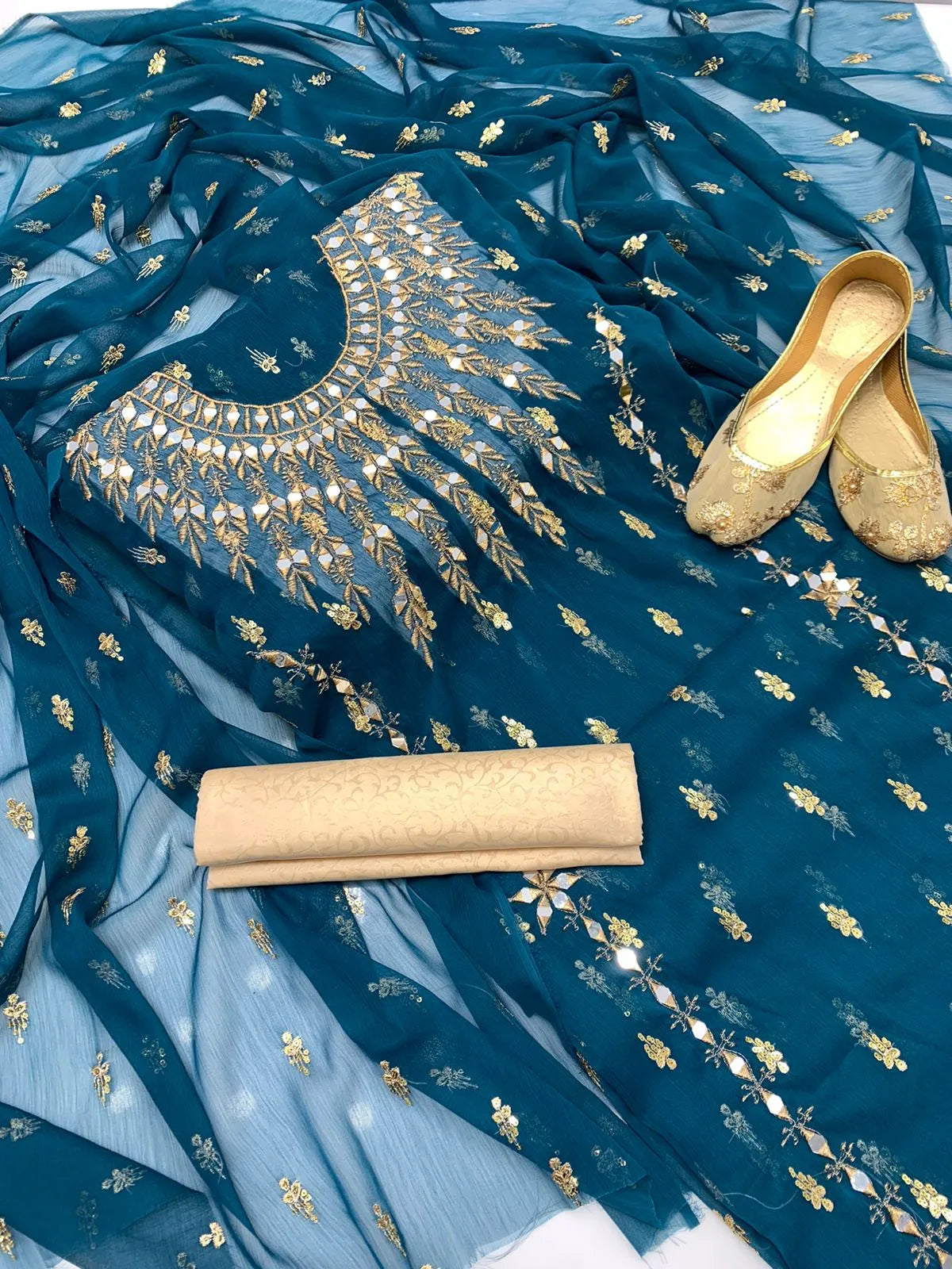 3 PC Chiffon Dress with Mirror Work, Embroidered Dupatta With Khussa