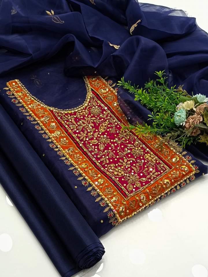 3 PC Organza Embroidered Shirt, Dupatta & Silk Trouser