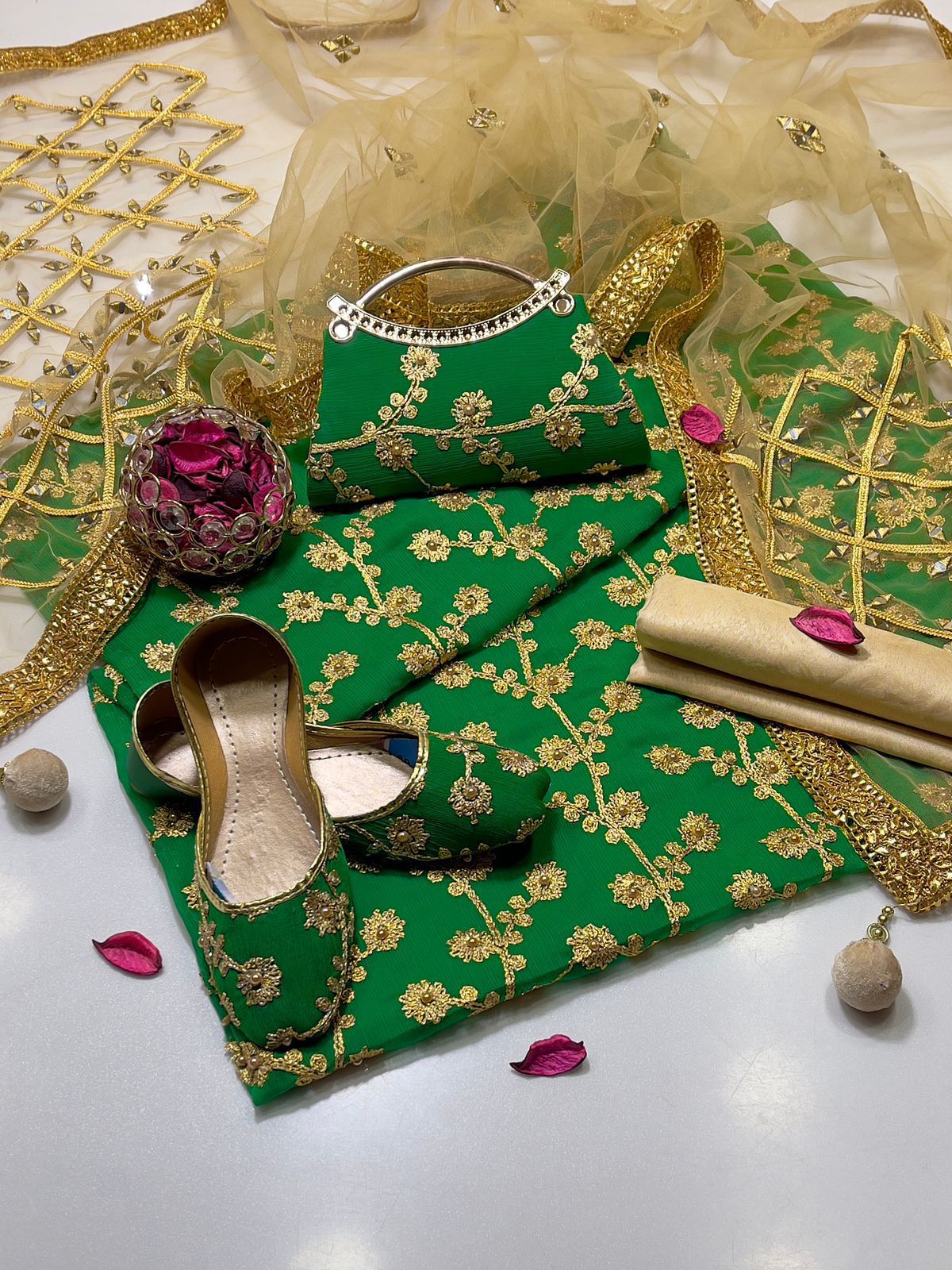 Chiffon Wedding Dress Shirt, Masoore Trouser & Dupatta, Khussa Gift! - fashionforcepk