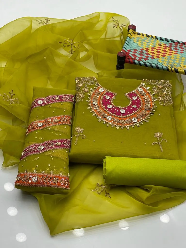 3 PC Organza Applic Gota Shirt, Katan Silk Trouser with Dupatta - fashionforcepk