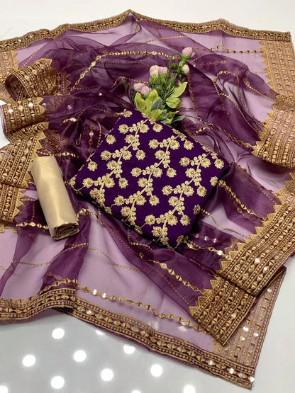 3 PC Chiffon Embroidery Shirt with Masori Trouser and Organza Dupatta - Elegant women's formal wear for weddings and special occasions