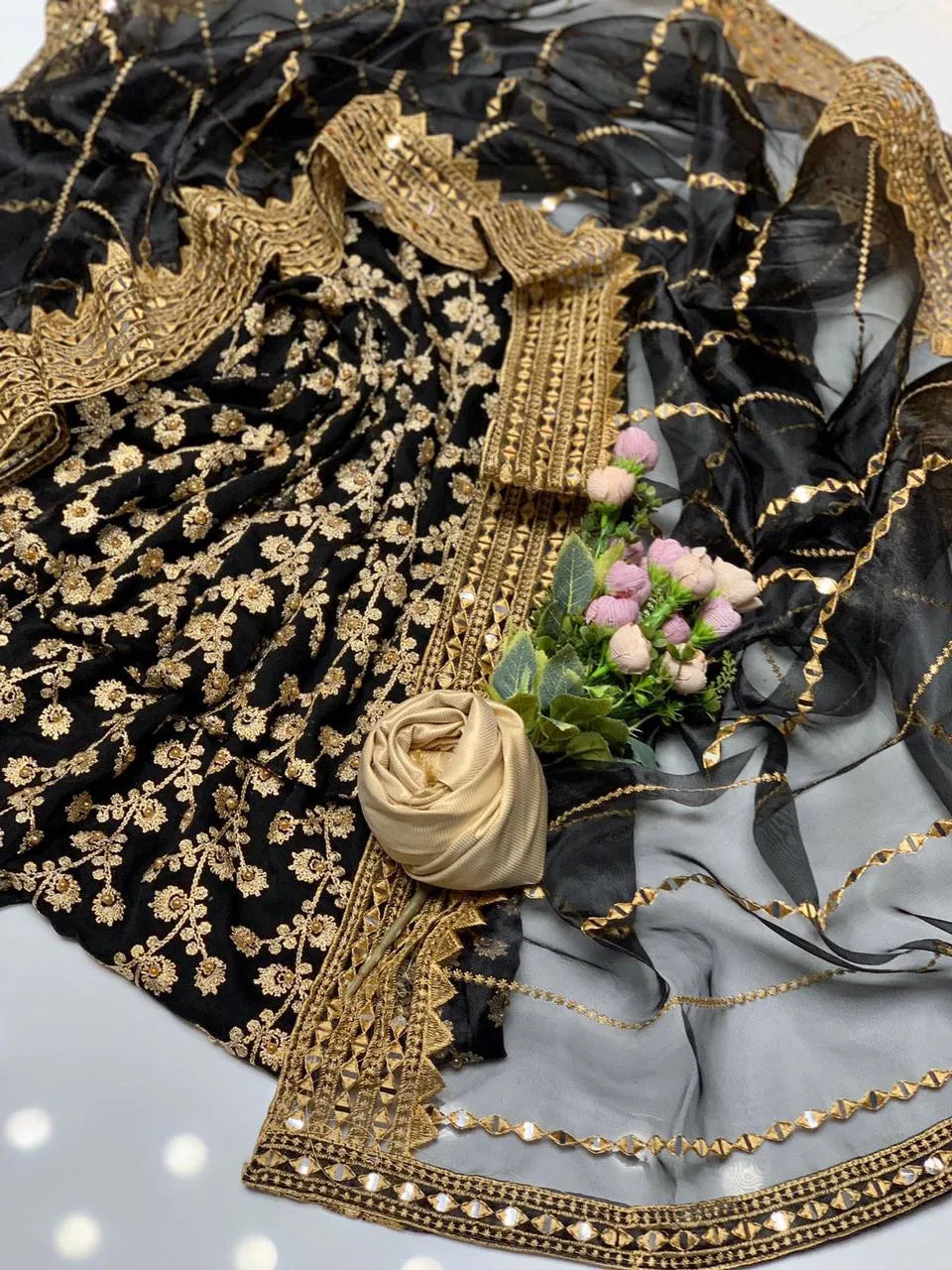 3 PC Chiffon Embroidery Shirt with Masori Trouser and Organza Dupatta - Elegant women's formal wear for weddings and special occasions