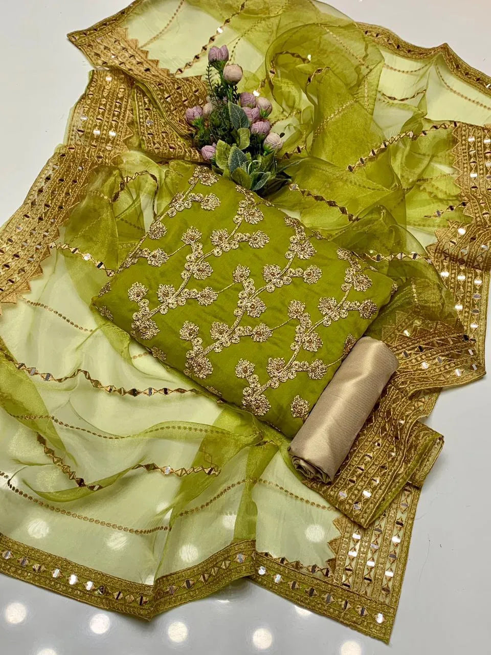 3 PC Chiffon Embroidery Shirt with Masori Trouser and Organza Dupatta - Elegant women's formal wear for weddings and special occasions