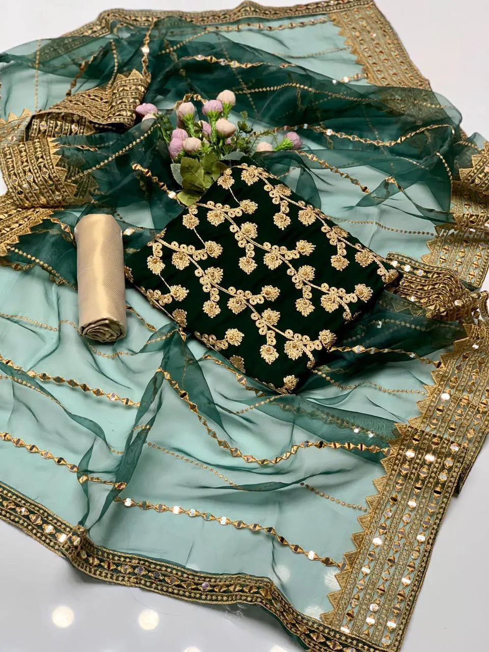 3 PC Chiffon Embroidery Shirt with Masori Trouser and Organza Dupatta - Elegant women's formal wear for weddings and special occasions