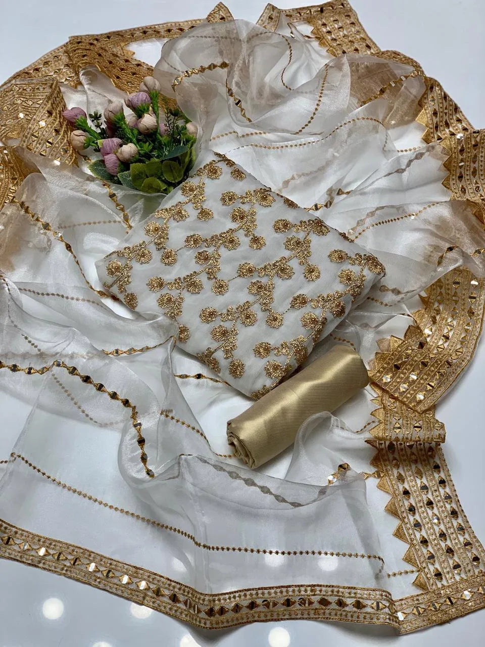 3 PC Chiffon Embroidery Shirt with Masori Trouser and Organza Dupatta - Elegant women's formal wear for weddings and special occasions