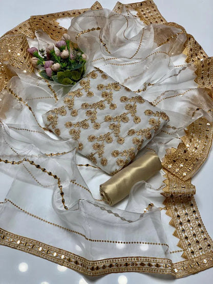 3 PC Chiffon Embroidery Shirt with Masori Trouser and Organza Dupatta - Elegant women's formal wear for weddings and special occasions