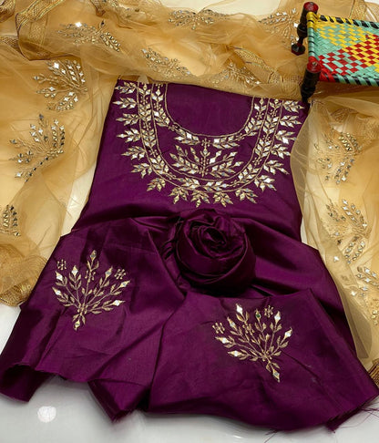3PC Kattan Silk Mirror Work Shirt, Dupatta & Trouser Set