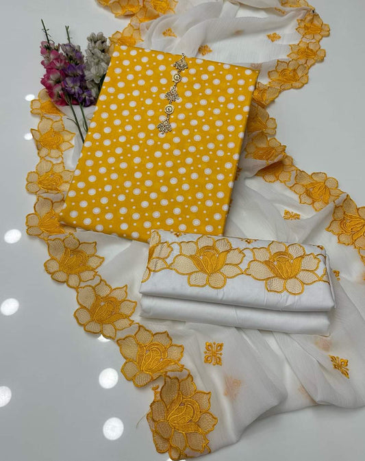3 PC Unstitched Cotton Polka Print And Embroidered