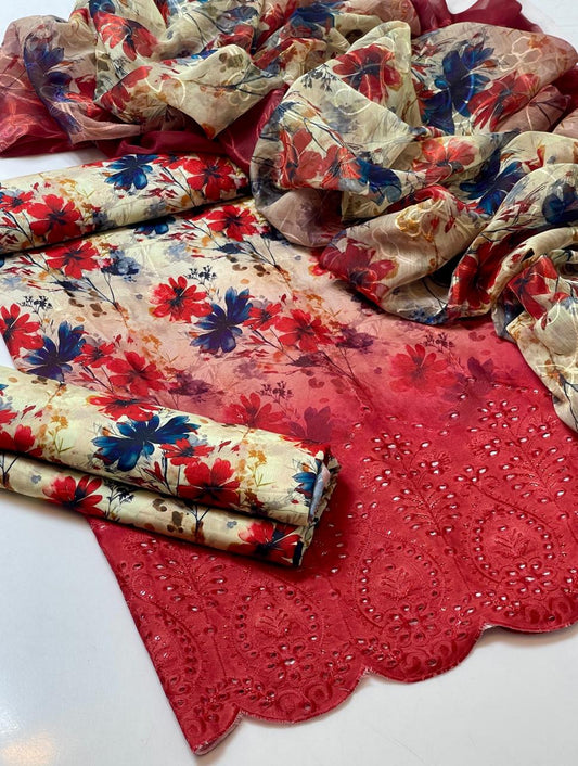 3PC Chikankari Unstitched Dress with Chiffon Dupatta