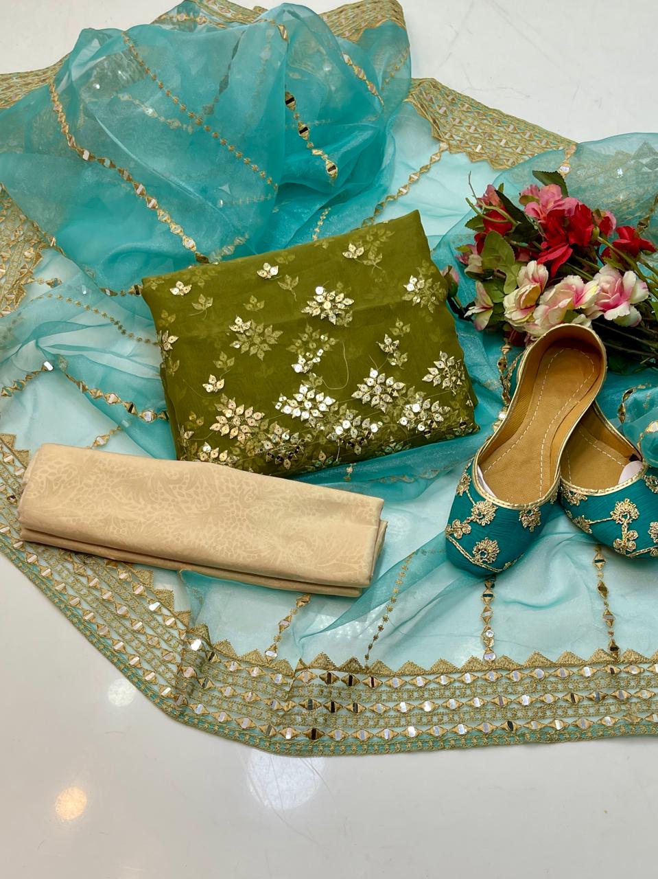 3 PC Organza All-Over Work Shirt, Tissue Pani Shesha Dupatta & Masoori Trouser