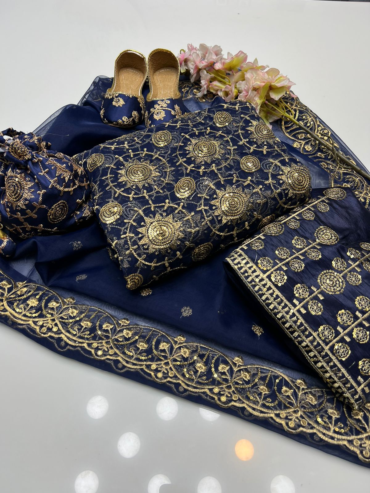 4 PC Wedding dress Organza Front Jaal Shirt, Kattan Slik Trouser With Organza Embroidery Dupatta & Matching Khussa - fashionforcepk