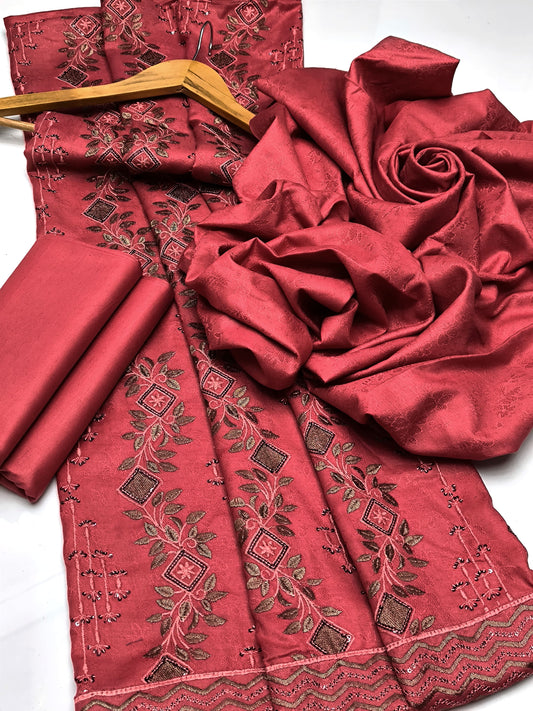 3 PC Dhanak Jacquard Shirt, Shawl & Khaddar Trouser - fashionforcepk