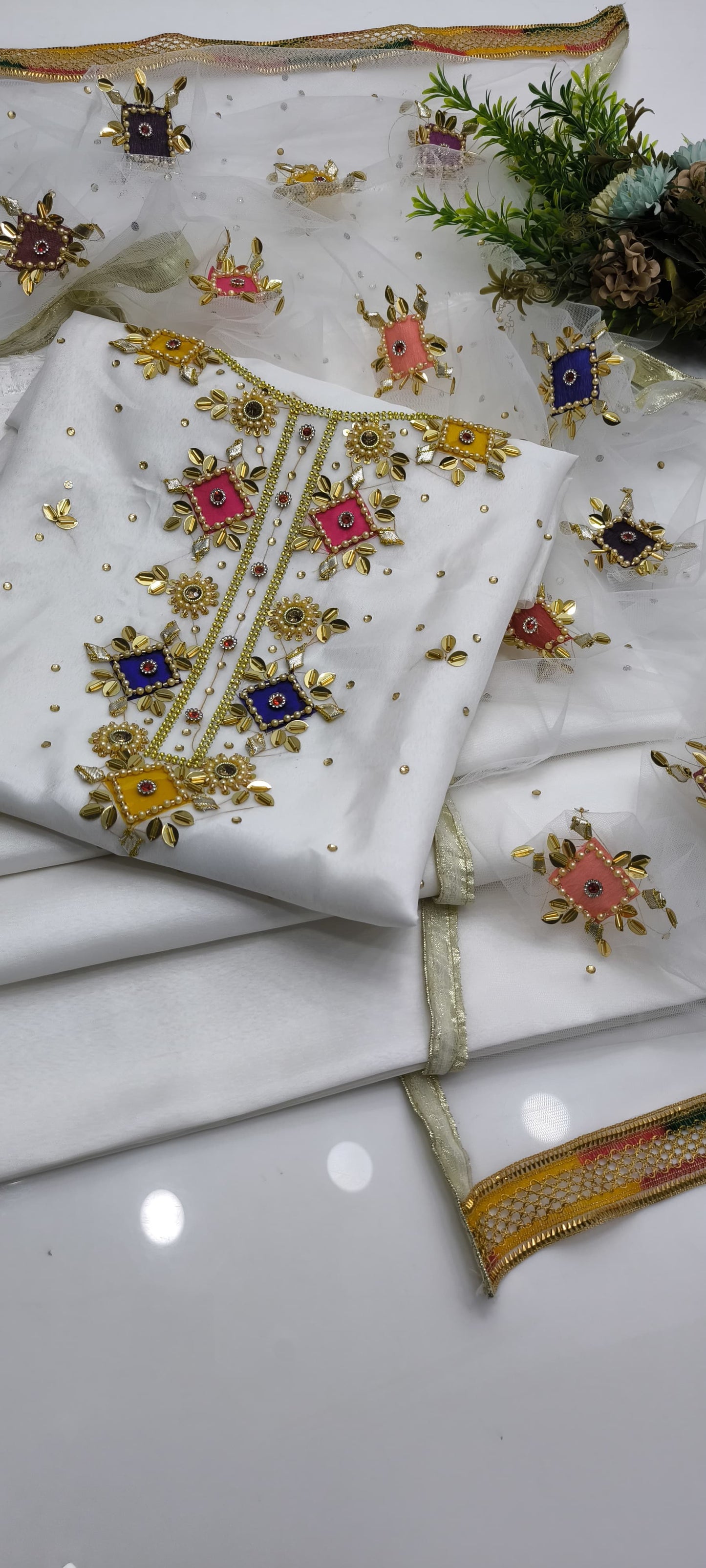 3 PC Handmade Kattan Silk Dress with Mooti Sitara & Kundan Work