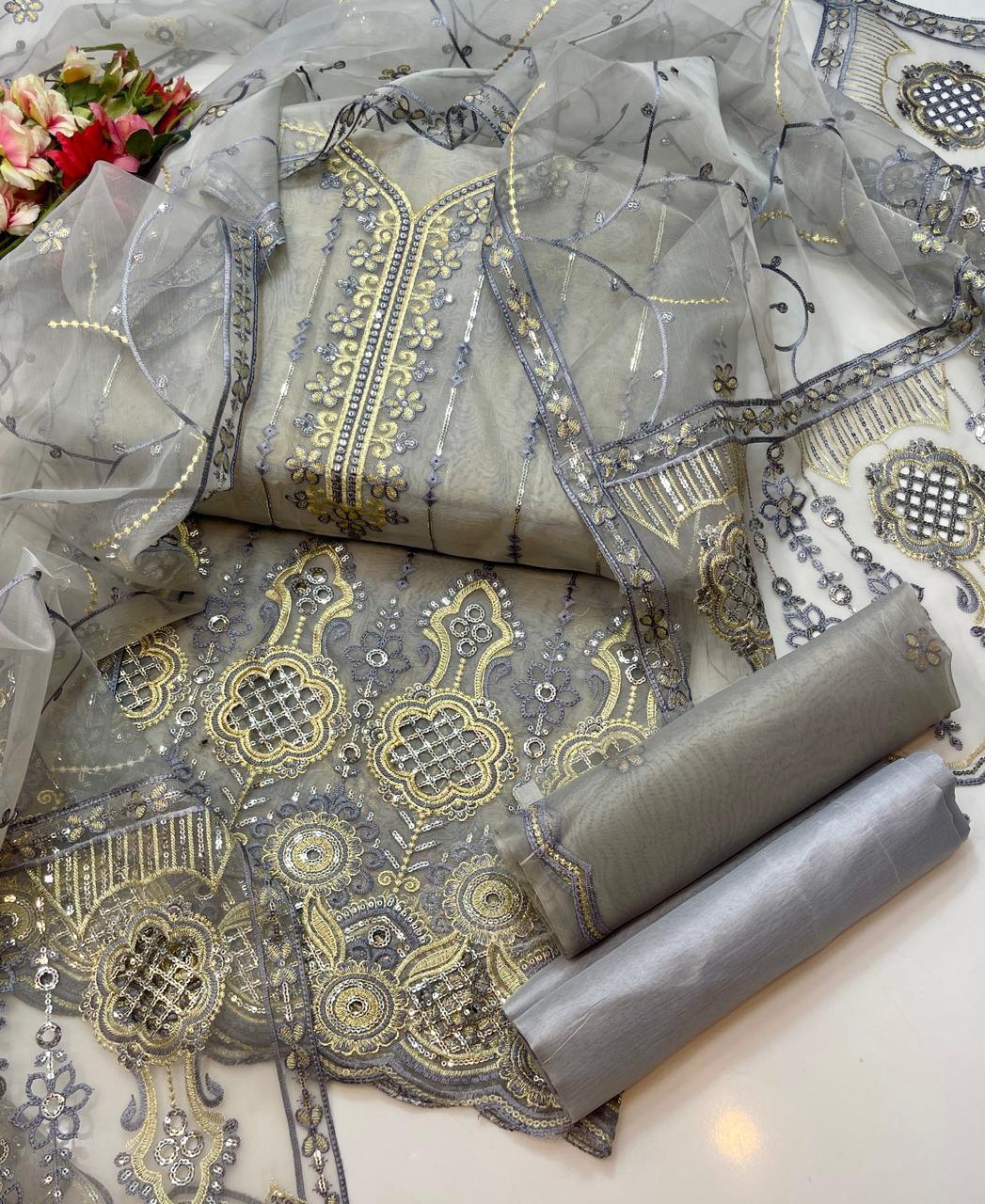 3 PC Organza Shirt, Dupatta & Kataan Silk Trouser - fashionforcepk