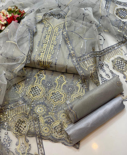 3 PC Organza Shirt, Dupatta & Kataan Silk Trouser - fashionforcepk