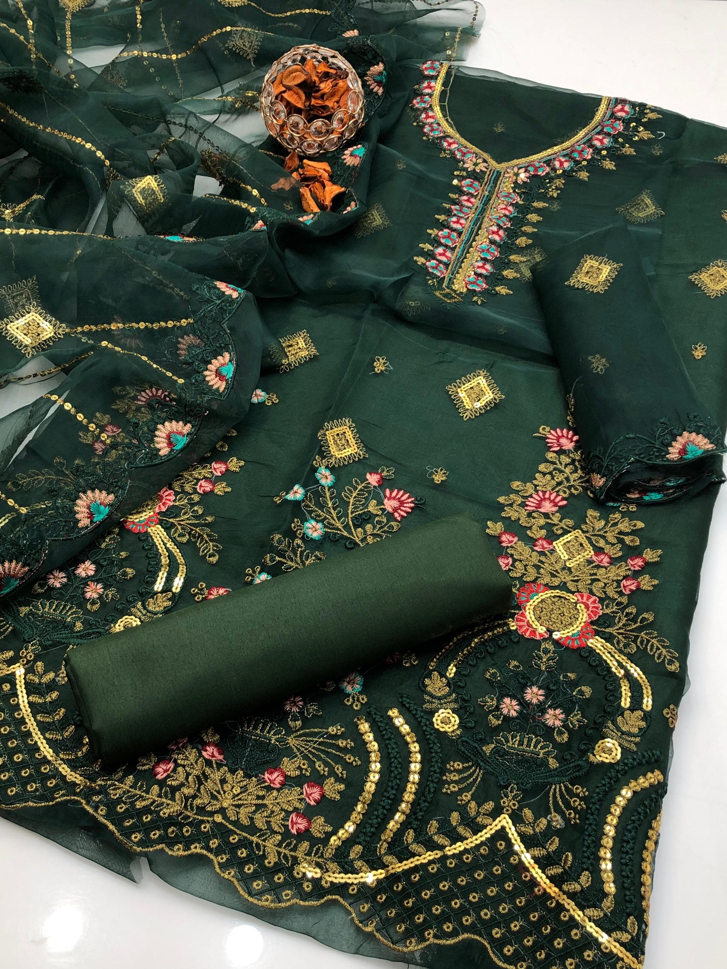 3 PC Embroidered Organza Shirt with Kataan Silk Trouser & Dupatta - fashionforcepk