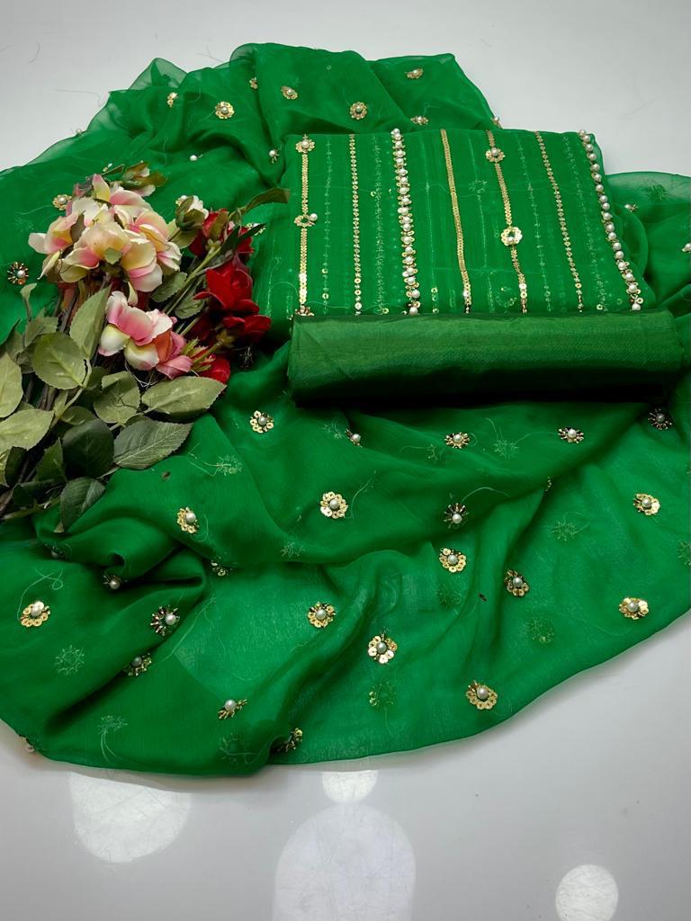 3 PC Chiffon Shirt with Sequins & Pearl Work Dupatta and Kataan Silk Trouser