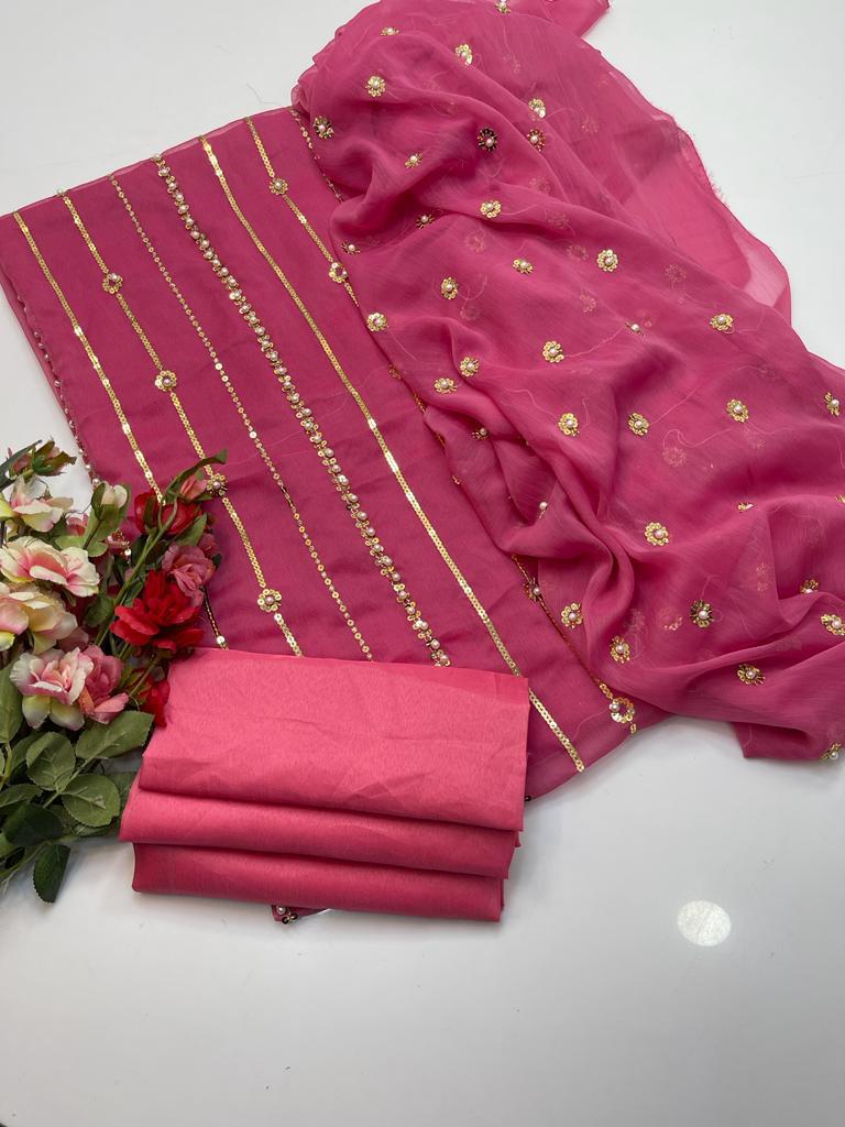 3 PC Chiffon Shirt with Sequins & Pearl Work Dupatta and Kataan Silk Trouser