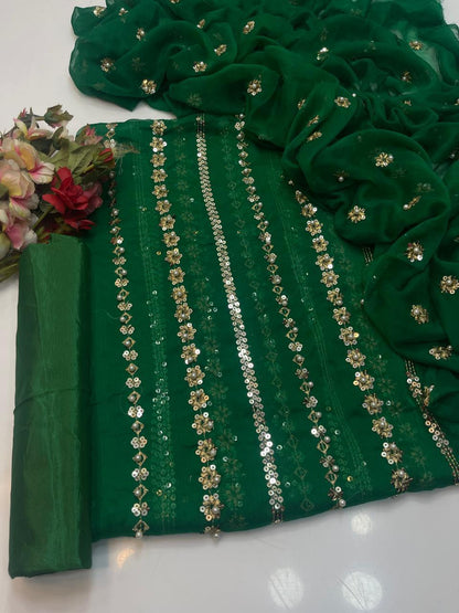 3 PC Chiffon Shirt with Sequins & Pearl Work Dupatta and Kataan Silk Trouser