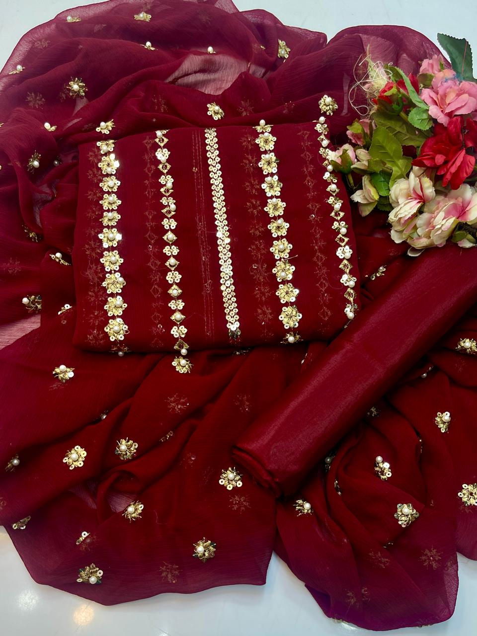 3 PC Chiffon Shirt with Sequins & Pearl Work Dupatta and Kataan Silk Trouser