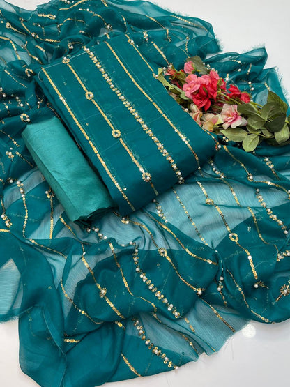 3 PC Chiffon Shirt with Sequins & Pearl Work Dupatta and Kataan Silk Trouser