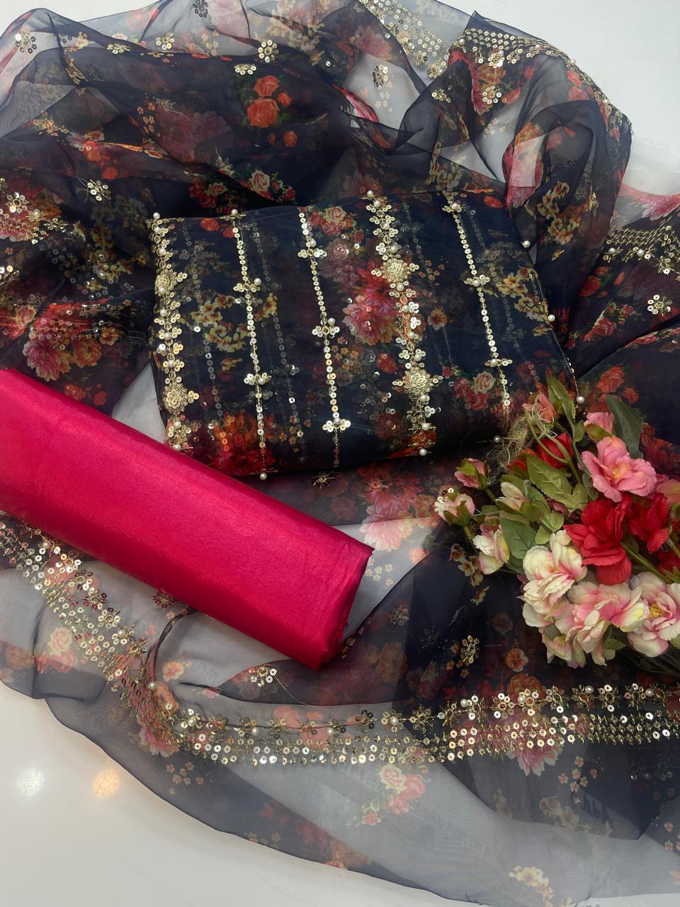 3 PC Organza Digital Print Shirt with Pearls, Kataan Silk Trouser & Dupatta - fashionforcepk