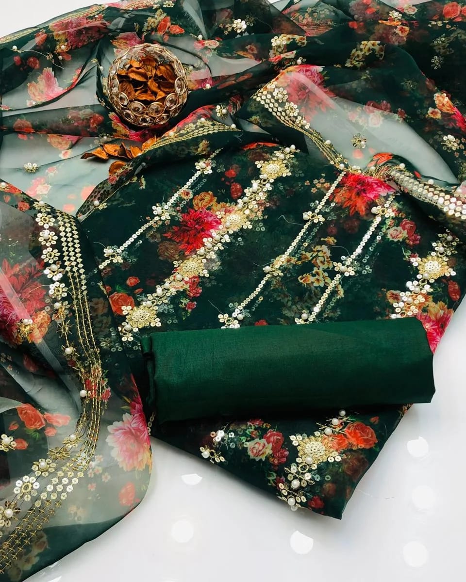 3 PC Organza Digital Print Shirt with Pearls, Kataan Silk Trouser & Dupatta - fashionforcepk