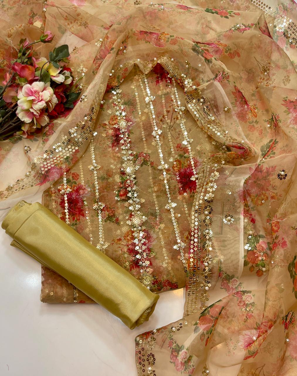 3 PC Organza Digital Print Shirt with Pearls, Kataan Silk Trouser & Dupatta - fashionforcepk