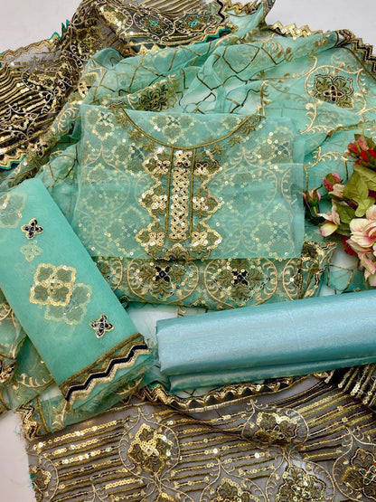 3 PC Organza Embroidered Shirt with Kataan Silk Trouser & Dupatta - fashionforcepk