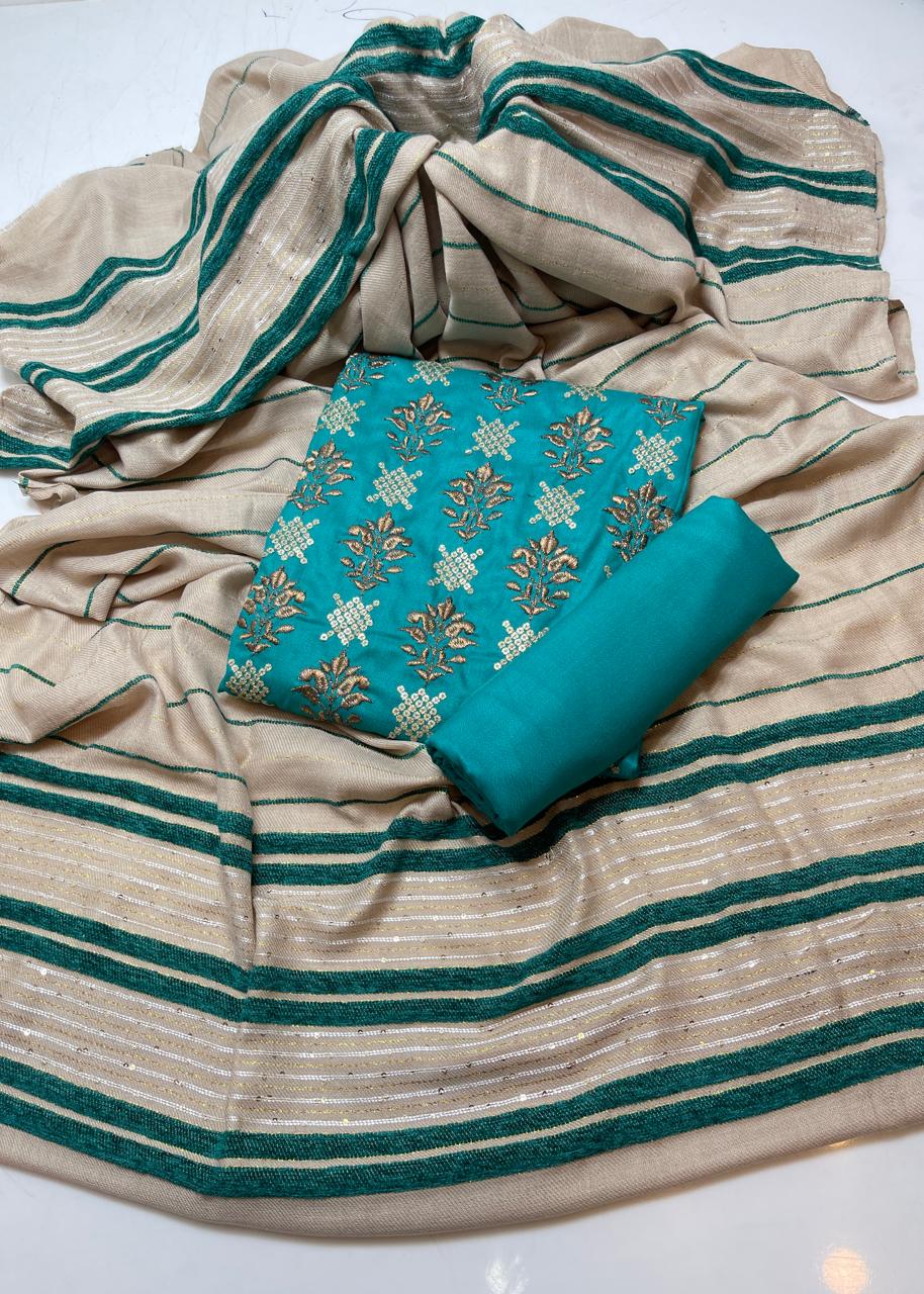 3 PC Pure Dhanak Suit with Velvet Jacquard Shawl & Embroidery - fashionforcepk