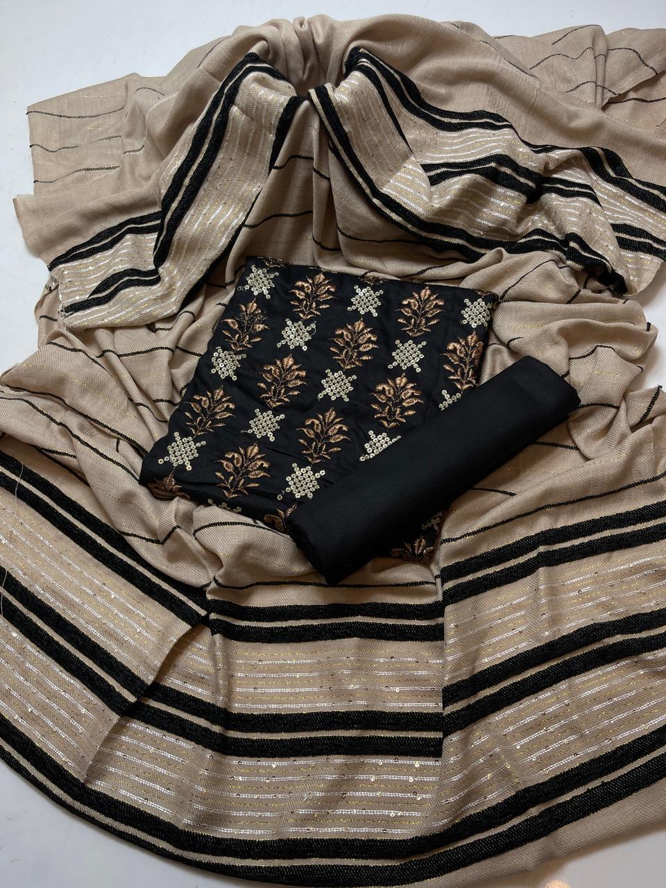 3 PC Pure Dhanak Suit with Velvet Jacquard Shawl & Embroidery - fashionforcepk