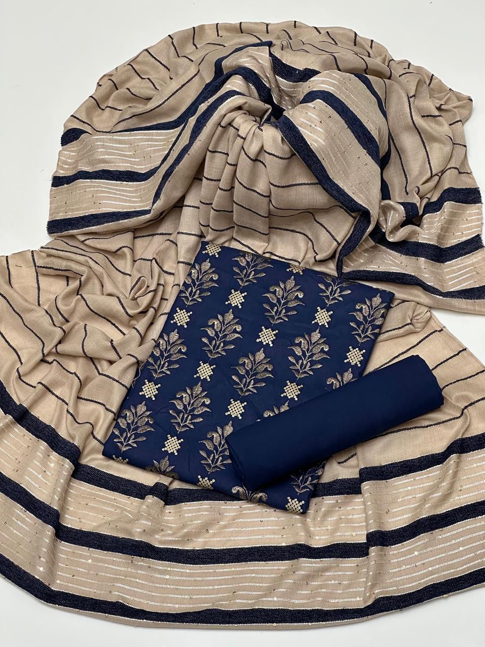 3 PC Pure Dhanak Suit with Velvet Jacquard Shawl & Embroidery - fashionforcepk
