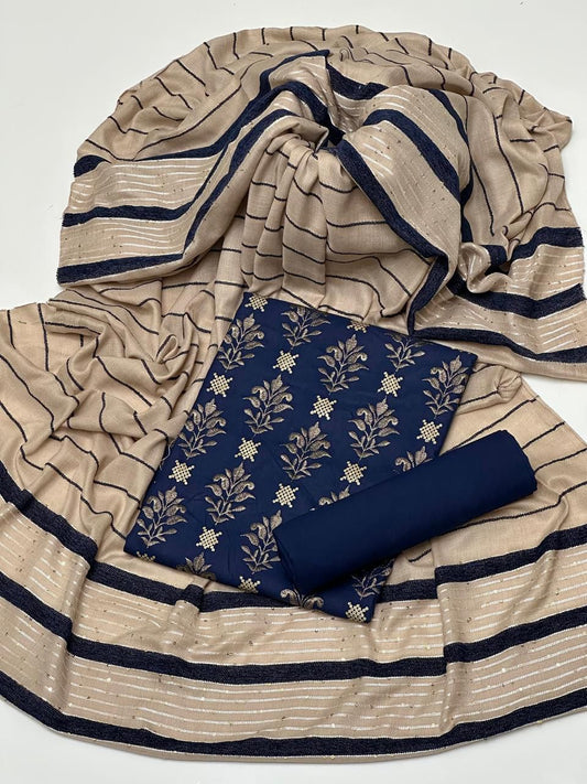 3 PC Pure Dhanak Suit with Velvet Jacquard Shawl & Embroidery - fashionforcepk