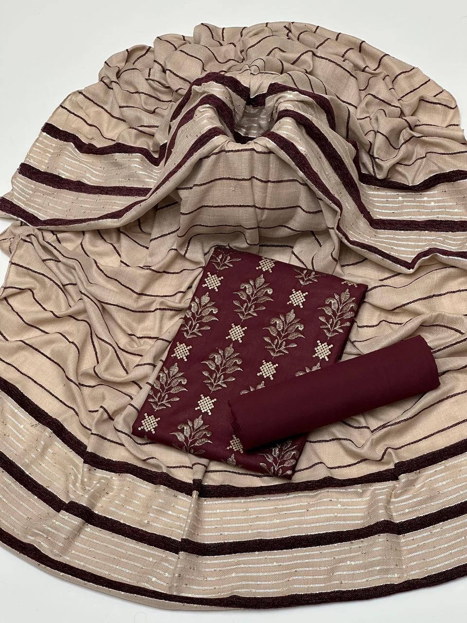 3 PC Pure Dhanak Suit with Velvet Jacquard Shawl & Embroidery - fashionforcepk