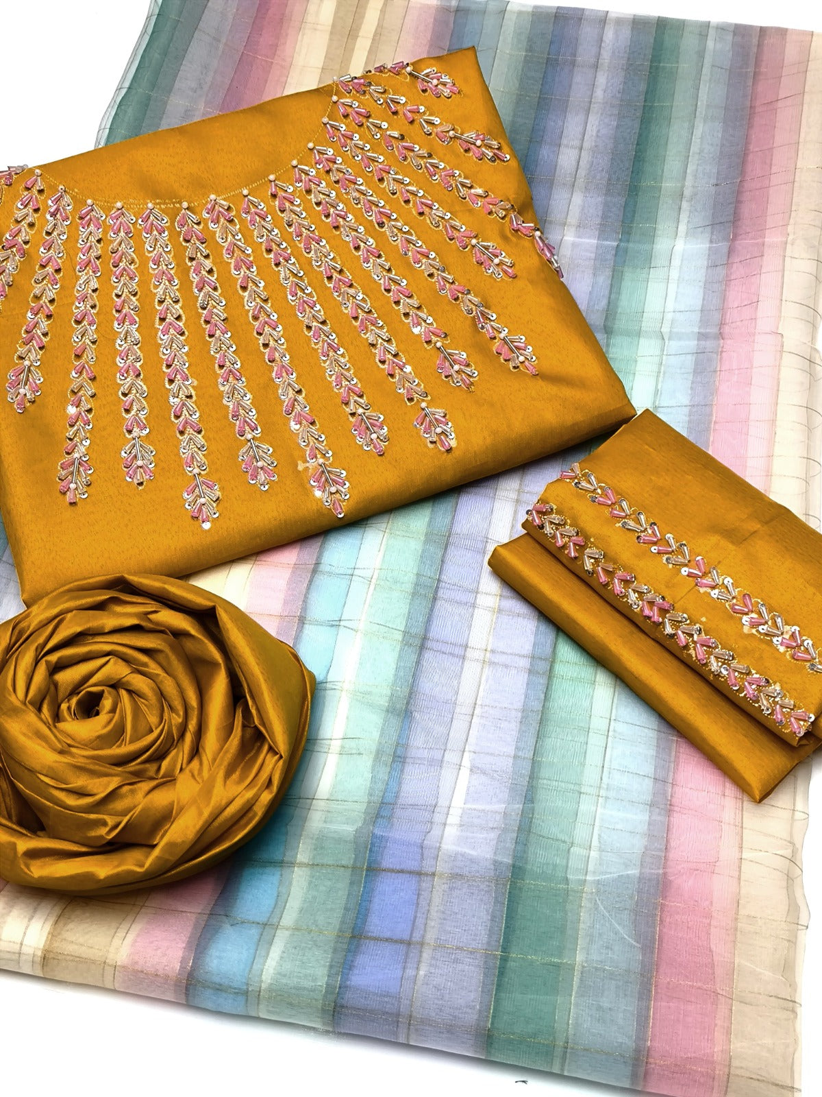 3 PC Kattan Silk Suit with Handwork & Organza Dupatta - fashionforcepk