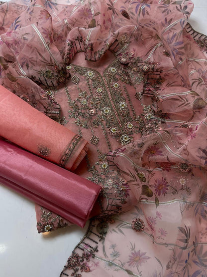 3 PC Organza Jaal Work Shirt, Embroidered Dupatta & Silk Trouser