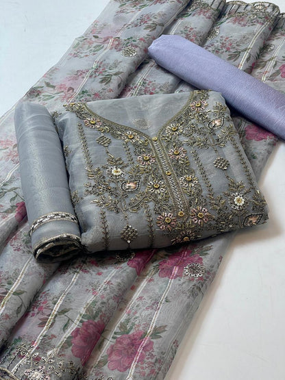 3 PC Organza Jaal Work Shirt, Embroidered Dupatta & Silk Trouser