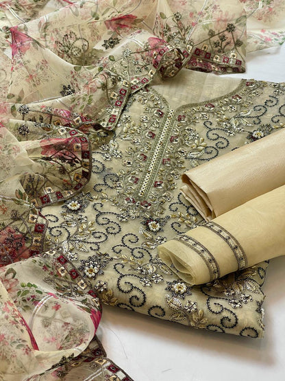 3 PC Organza Jaal Work Shirt, Embroidered Dupatta & Silk Trouser