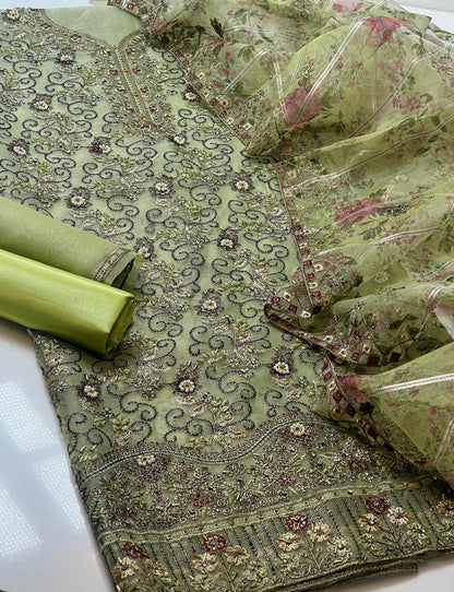 3 PC Organza Jaal Work Shirt, Embroidered Dupatta & Silk Trouser