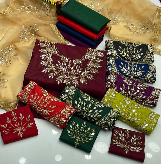 3PC Kattan Silk Mirror Work Shirt, Dupatta & Trouser Set