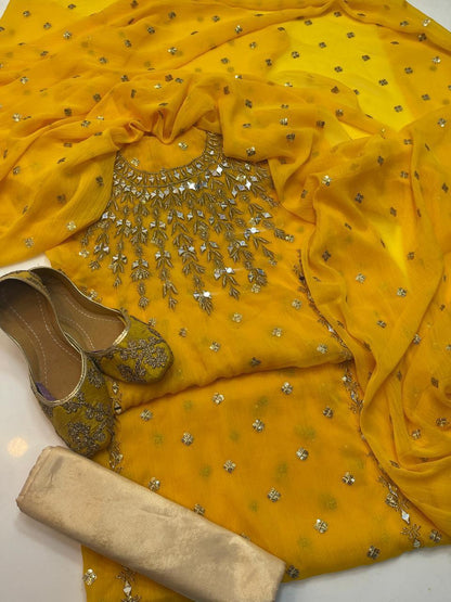 3 PC Chiffon Dress with Mirror Work, Embroidered Dupatta With Khussa